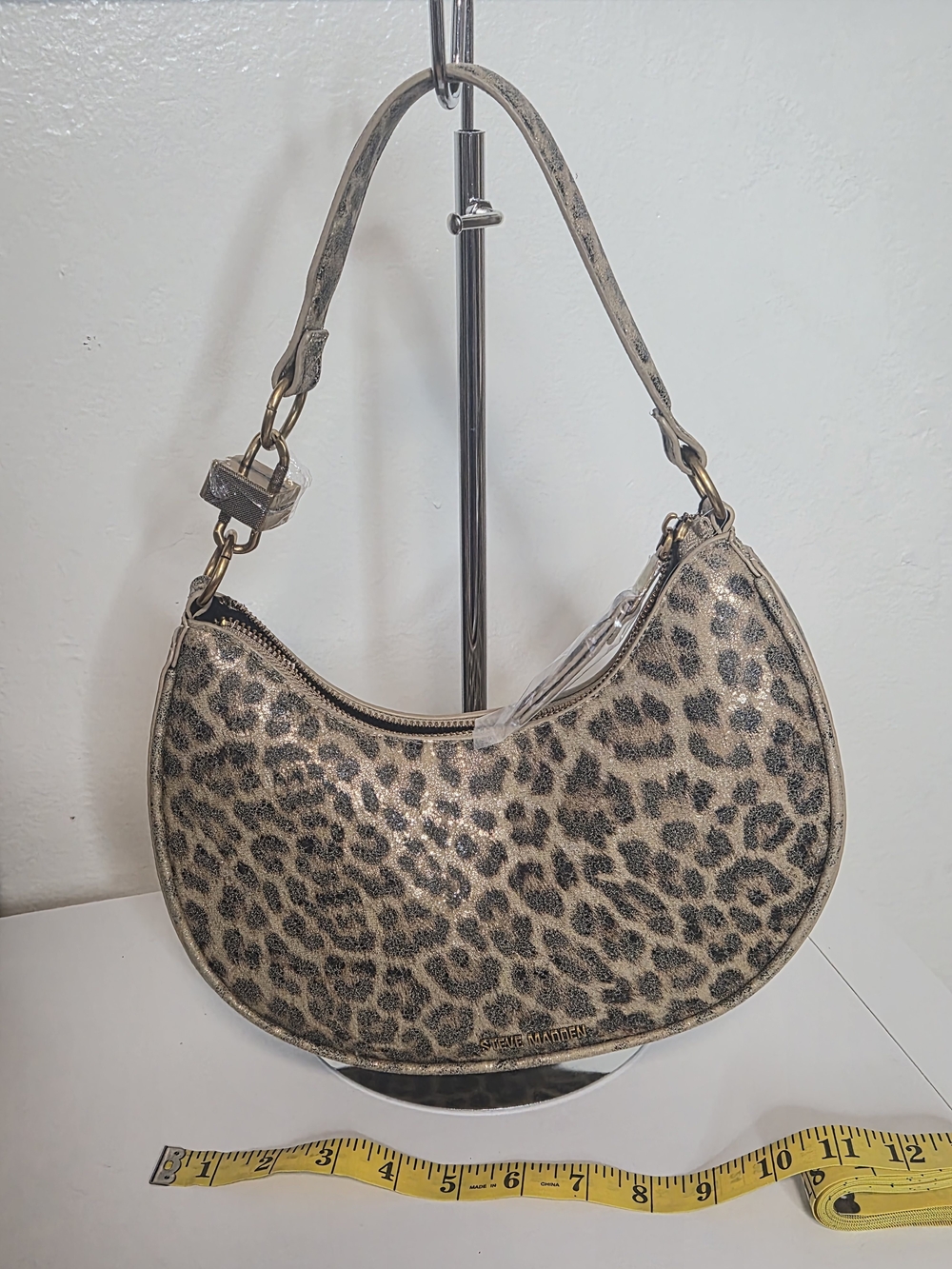 Steve Madden Leopard Print Crescent Shoulder Bag in Beige and Black